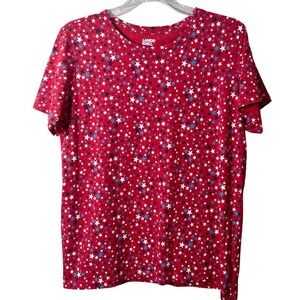 Lands End Red Star Print Cotton T-Shirt Womens Size M 10-12 Americana Patriotic